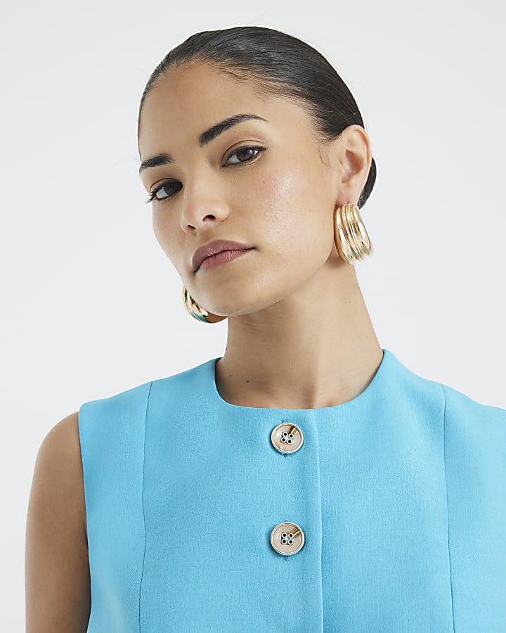 Petite Blue High Neck Fitted Waistcoat