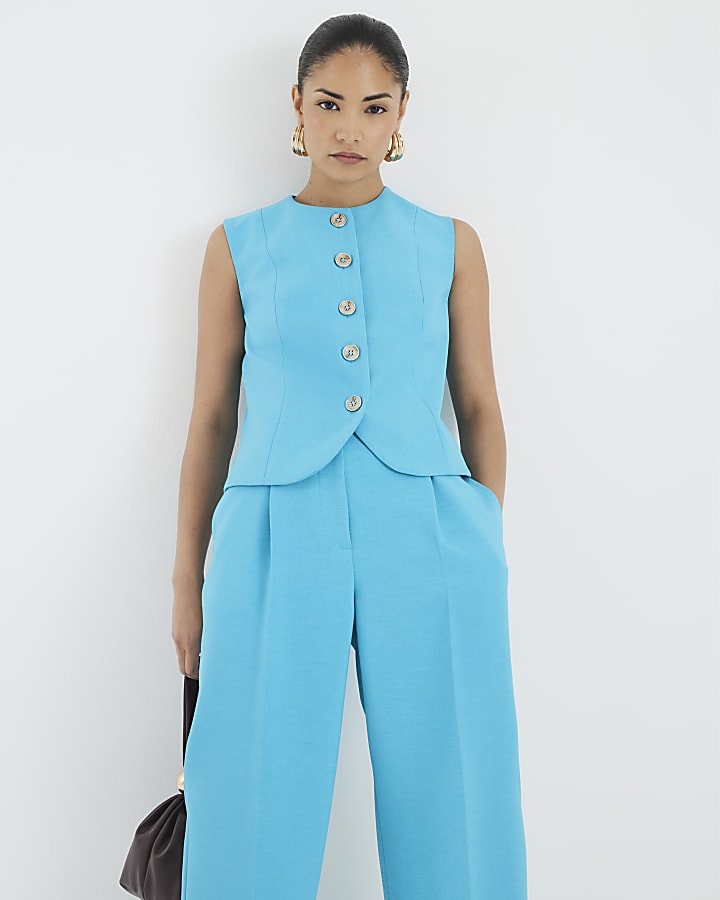 Petite Blue High Neck Fitted Waistcoat