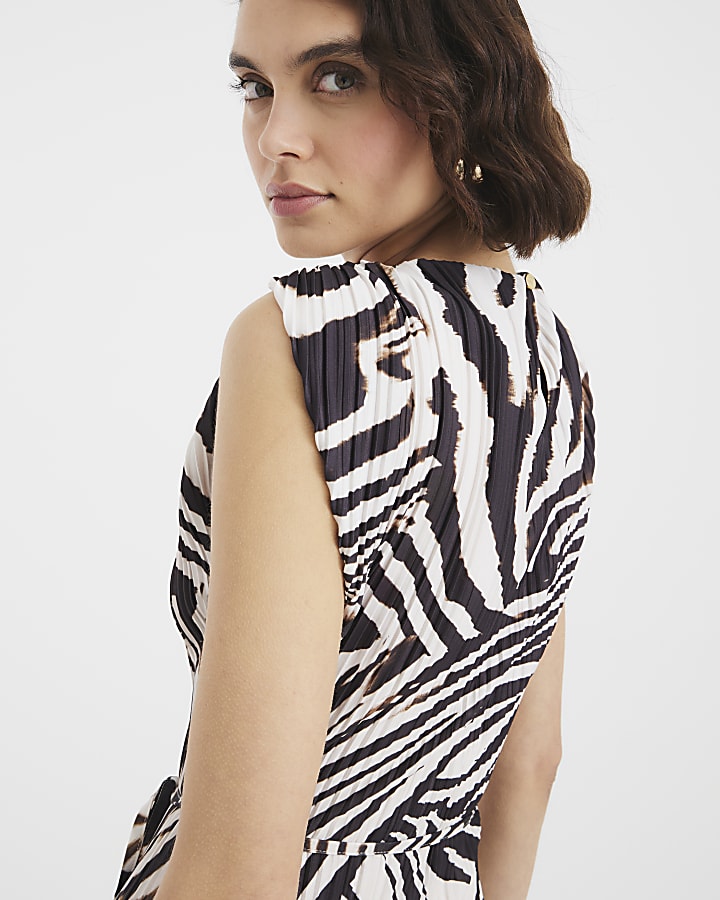Black Zebra Print Plisse Midi Dress