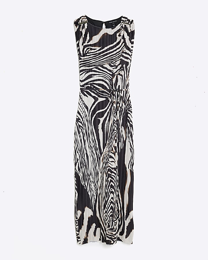 Black Zebra Print Plisse Midi Dress