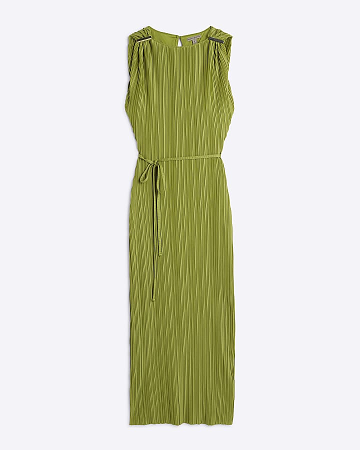 Green Sleeveless Plisse Belted Midi Dress
