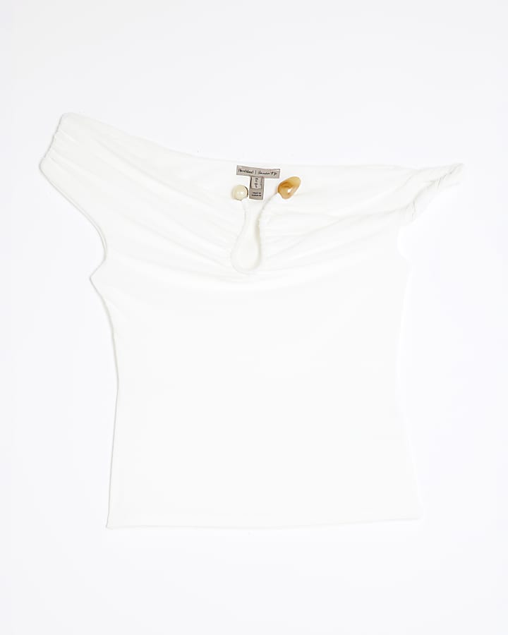 Cream Asymmetric Twist Strap Trim Top