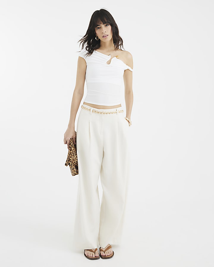 Cream Asymmetric Twist Strap Trim Top