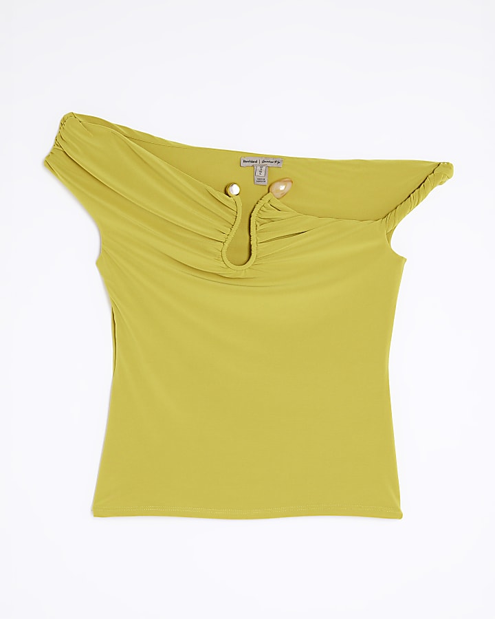 Lime Asymmetric Twist Strap Trim Top
