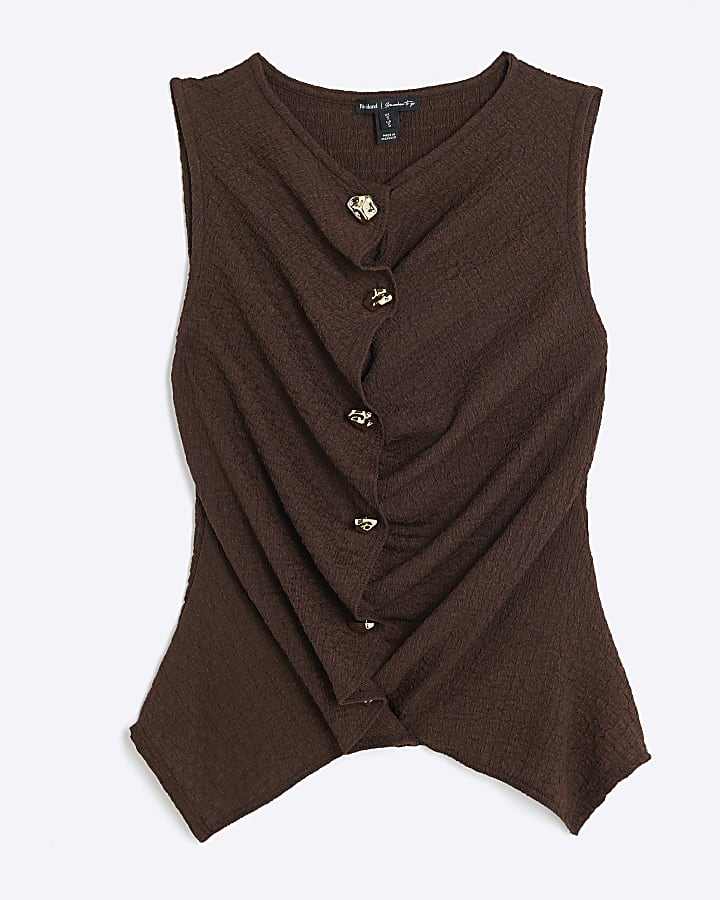 Brown Sleeveless Textured Button Front Top