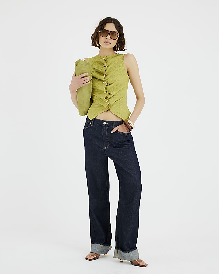 Lime Sleeveless Textured Button Front Top