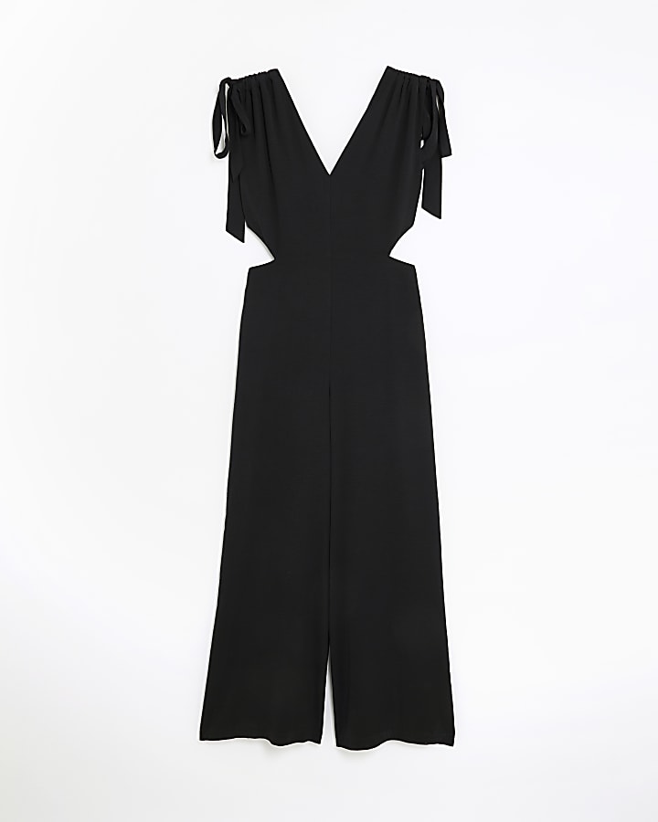Black V Neck Tie Detail Jumpsuit