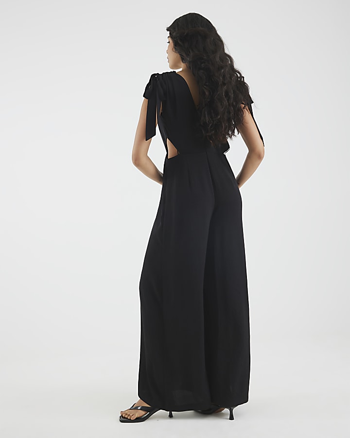 Black V Neck Tie Detail Jumpsuit