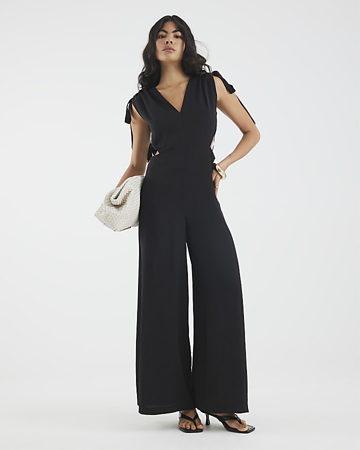 Black V Neck Tie Detail Jumpsuit