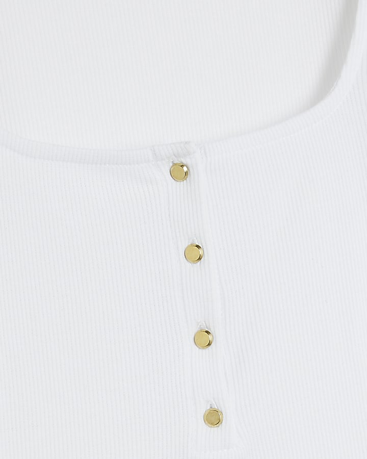 White Square Neck Ribbed Button Bodysuit