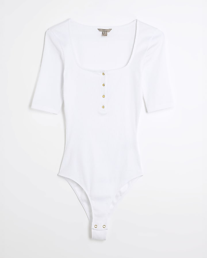 White Square Neck Ribbed Button Bodysuit