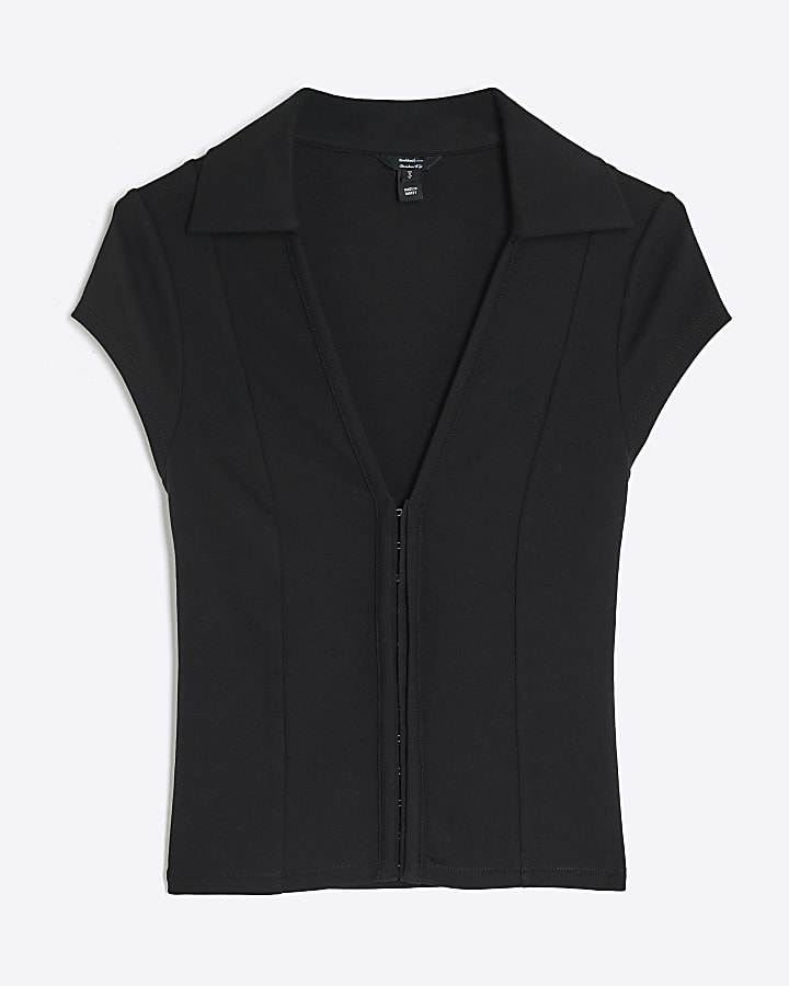 Black Short Sleeve Hook And Eye Polo Shirt