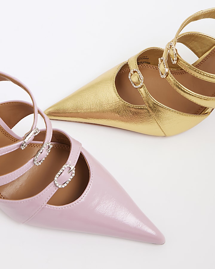 Gold Triple Buckle Heeled Mules