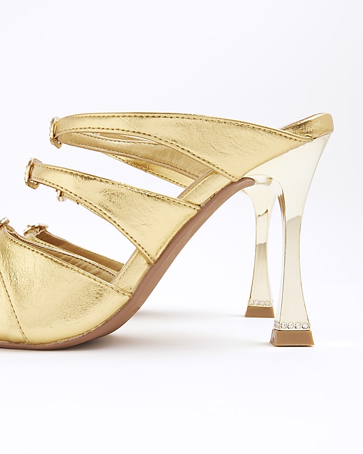 Gold Triple Buckle Heeled Mules
