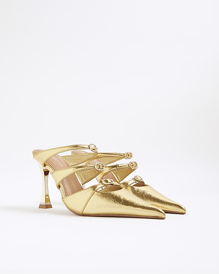 Gold Triple Buckle Heeled Mules
