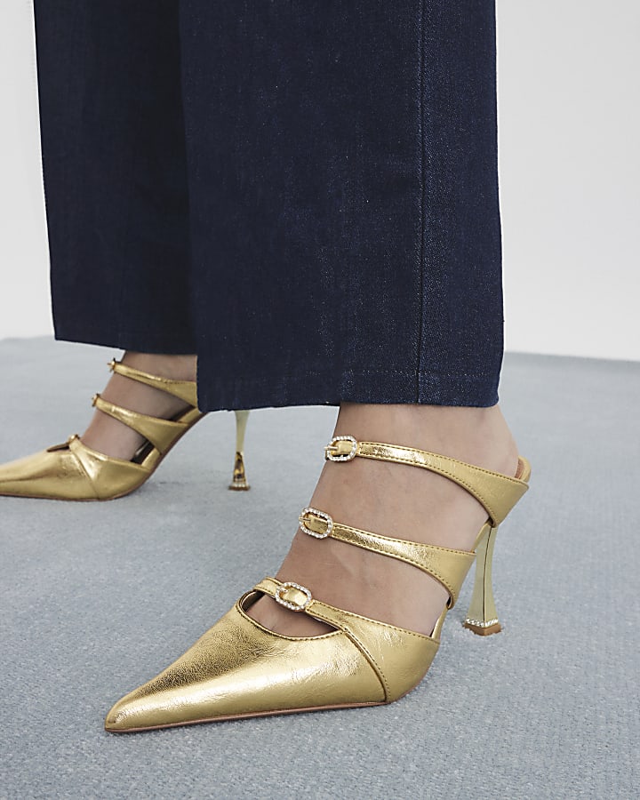 Gold Triple Buckle Heeled Mules