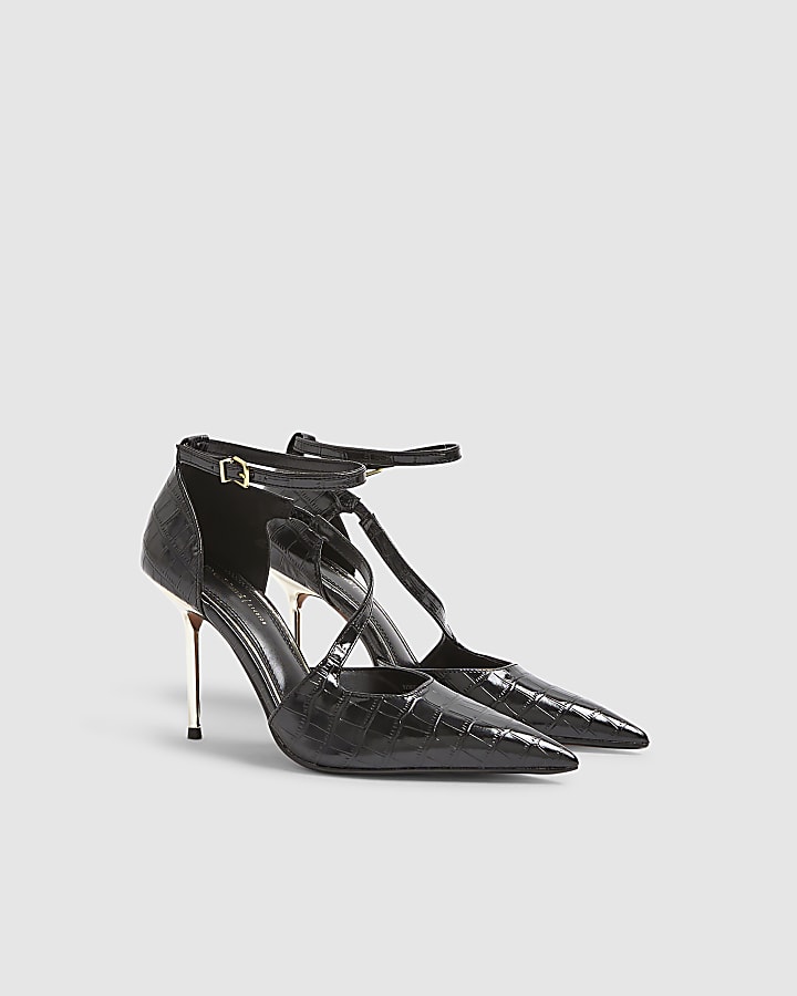 Black Croc Print Metal Heel Shoes