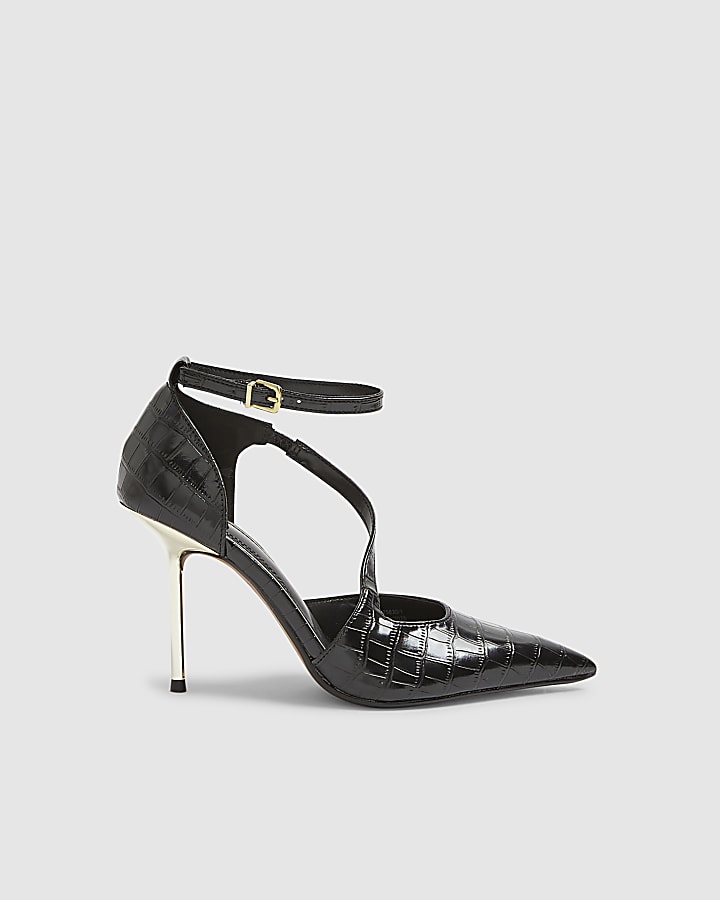 Black Croc Print Metal Heel Shoes