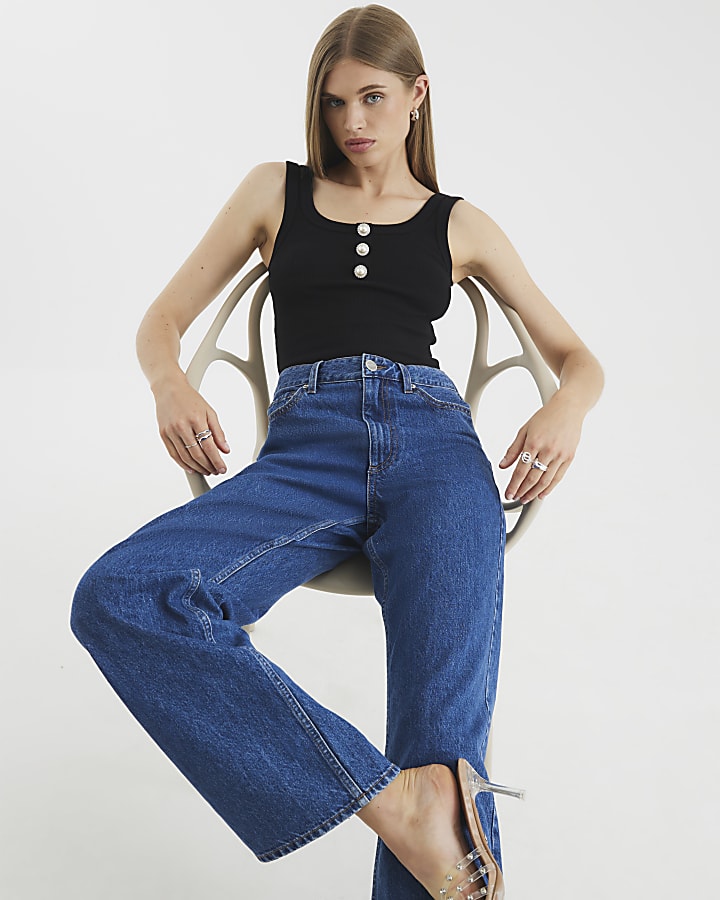 Black Diamante Button Ribbed Tank Top