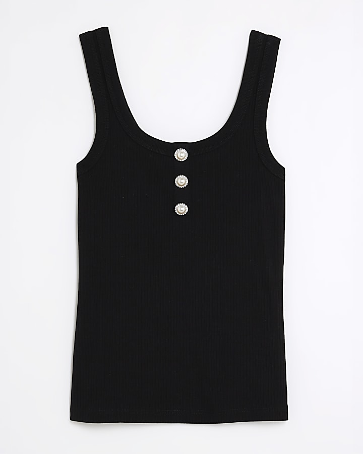 Black Diamante Button Ribbed Tank Top