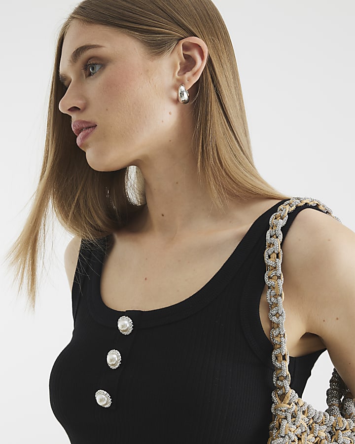 Black Diamante Button Ribbed Tank Top