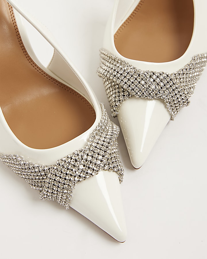 White Diamante Trim Sling Back Heels