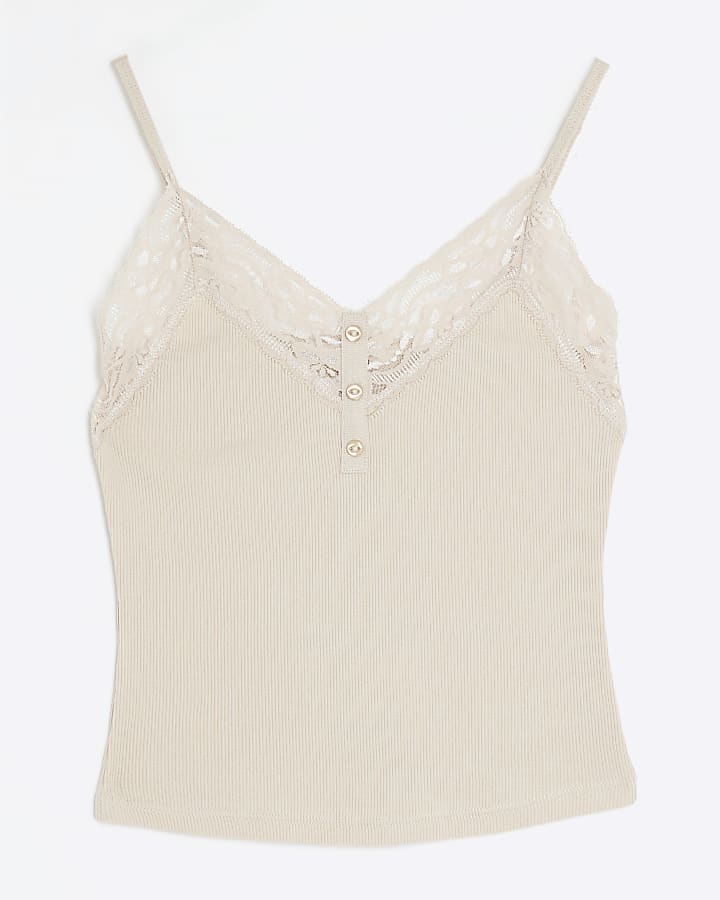 Cream Sleeveless Lace Trim Ribbed Cami Top