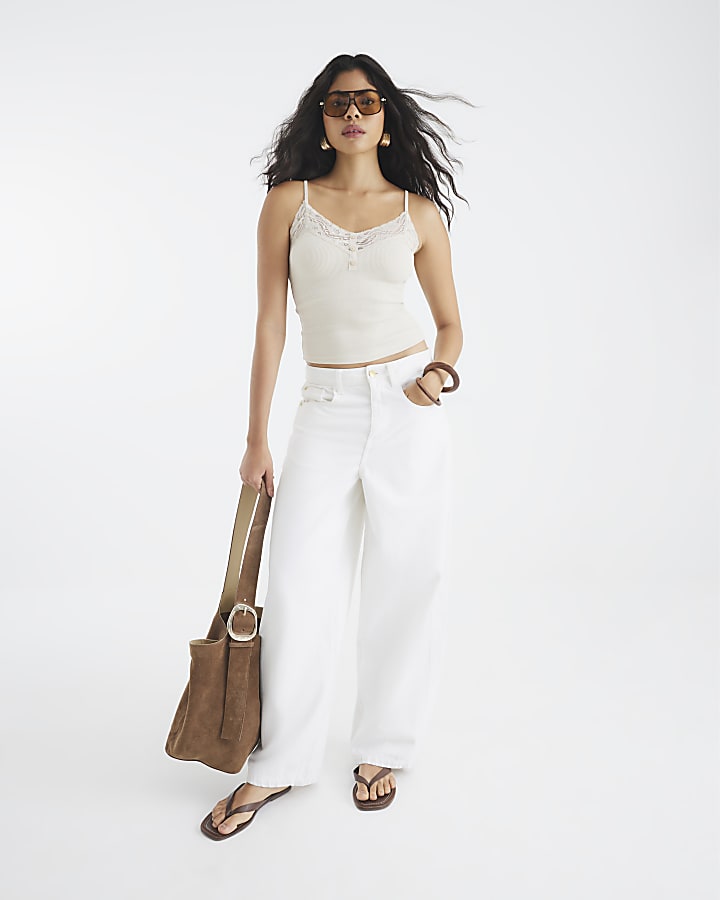 Cream Sleeveless Lace Trim Ribbed Cami Top