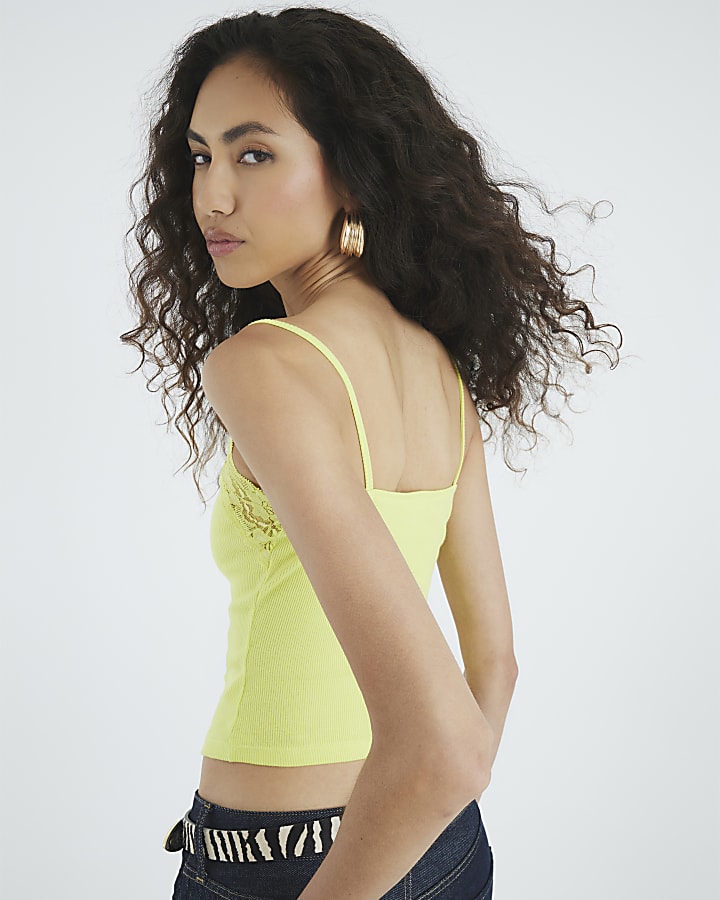 Lime Sleeveless Lace Trim Ribbed Cami Top