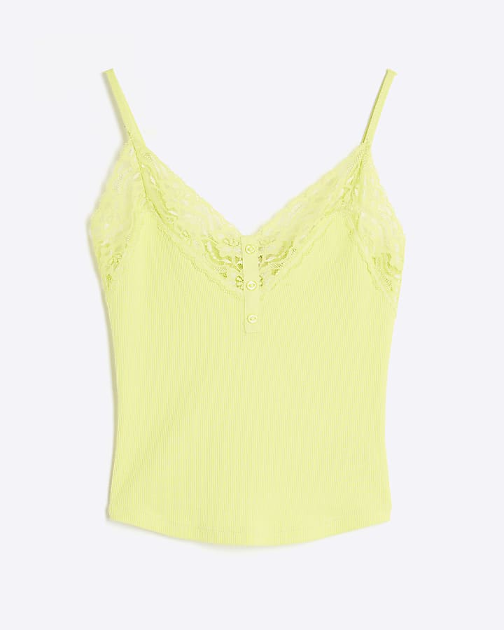 Lime Sleeveless Lace Trim Ribbed Cami Top