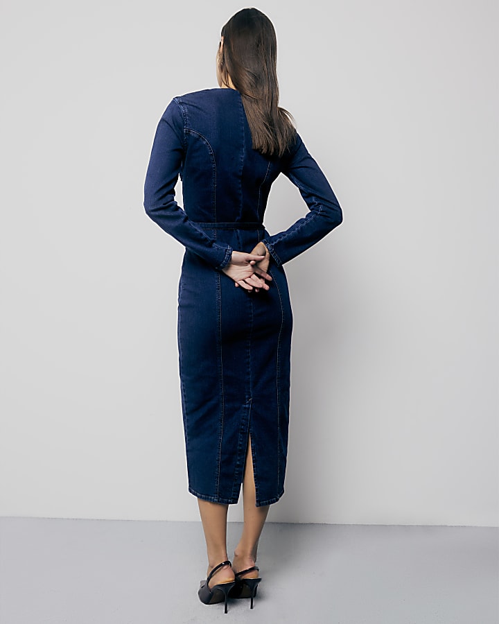 Blue Denim Long Sleeve Belted Bodycon Dress