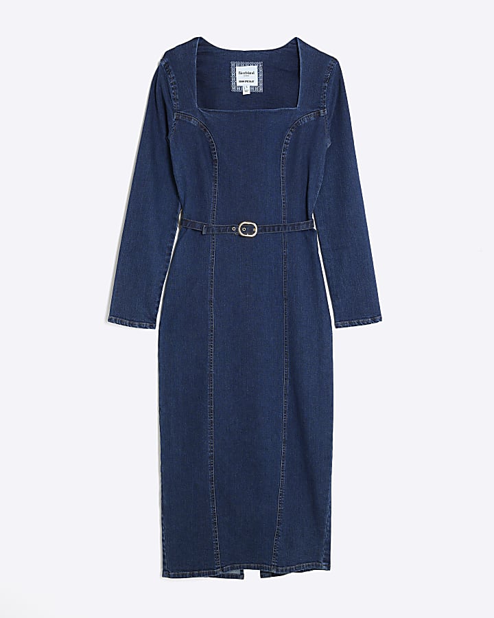 Blue Denim Long Sleeve Belted Bodycon Dress