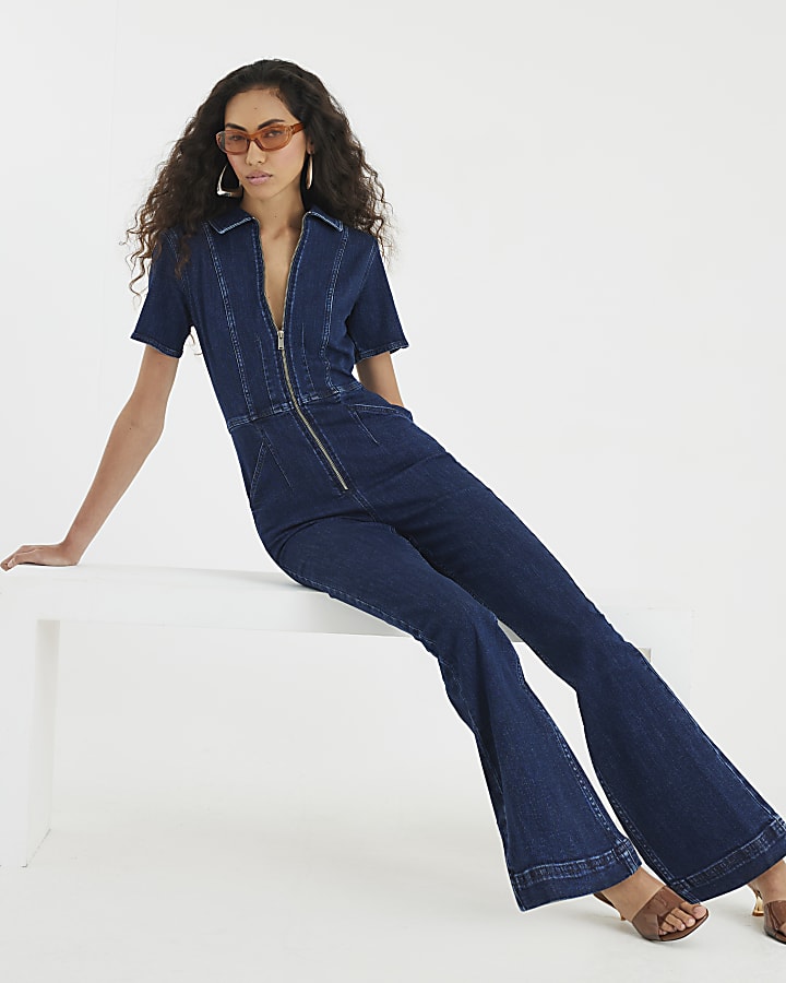 Blue Denim Short Sleeve Seamed Zip Jumpsuit