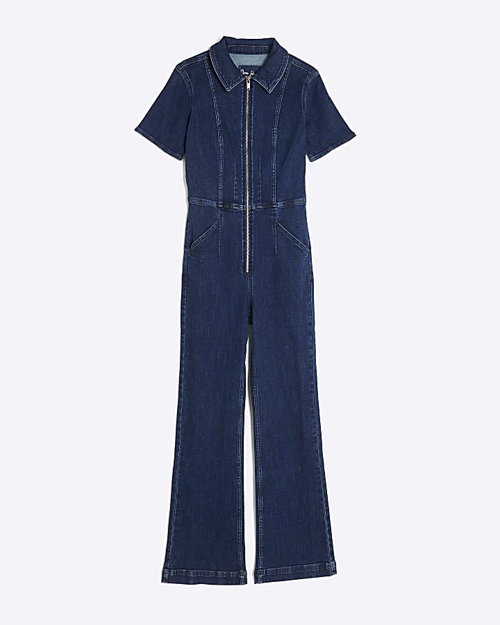 Blue Denim Short Sleeve Seamed Zip Jumpsuit