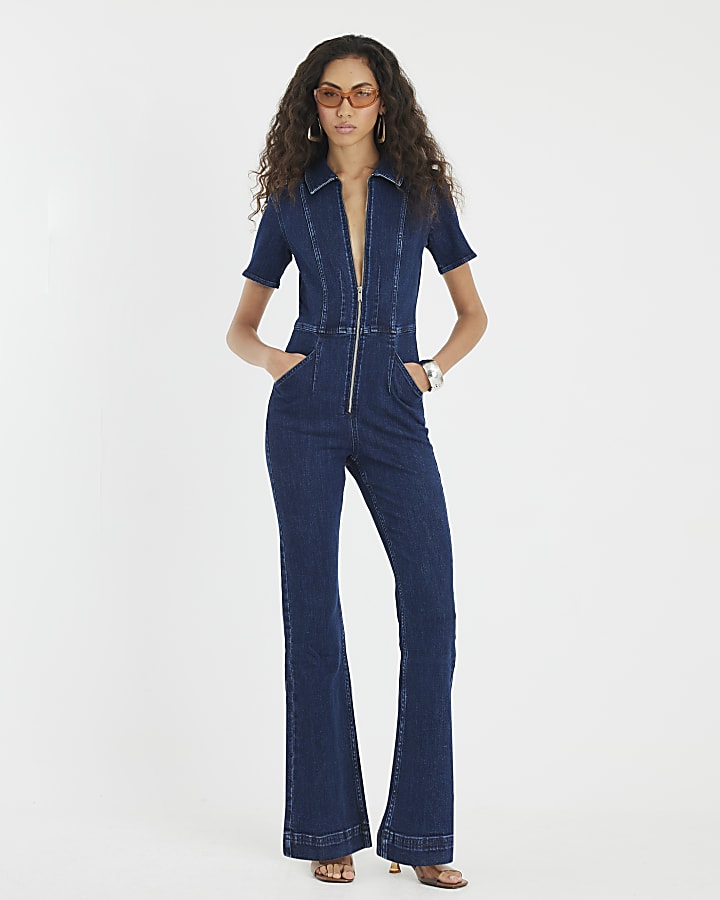 Blue Denim Short Sleeve Seamed Zip Jumpsuit