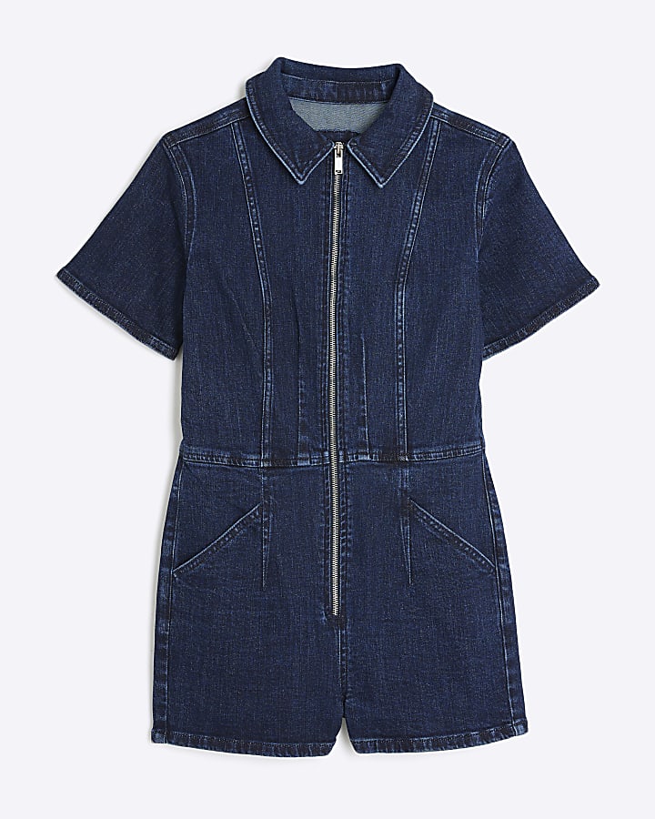 Blue Denim Short Sleeve Seamed Zip Playsuit