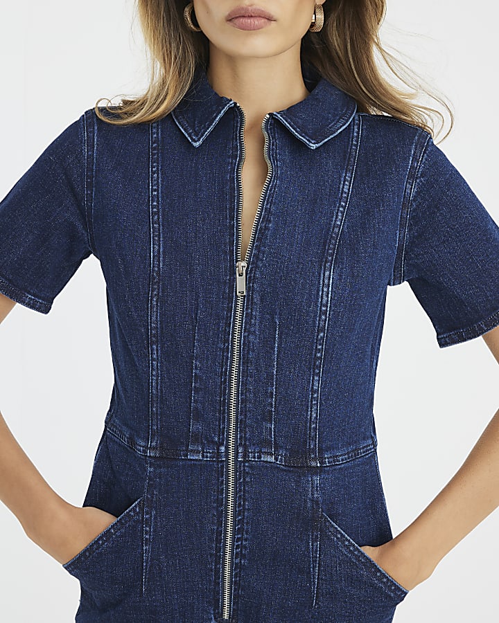 Blue Denim Short Sleeve Seamed Zip Playsuit