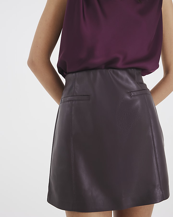 Red Faux Leather Pocket Detail Mini Skirt