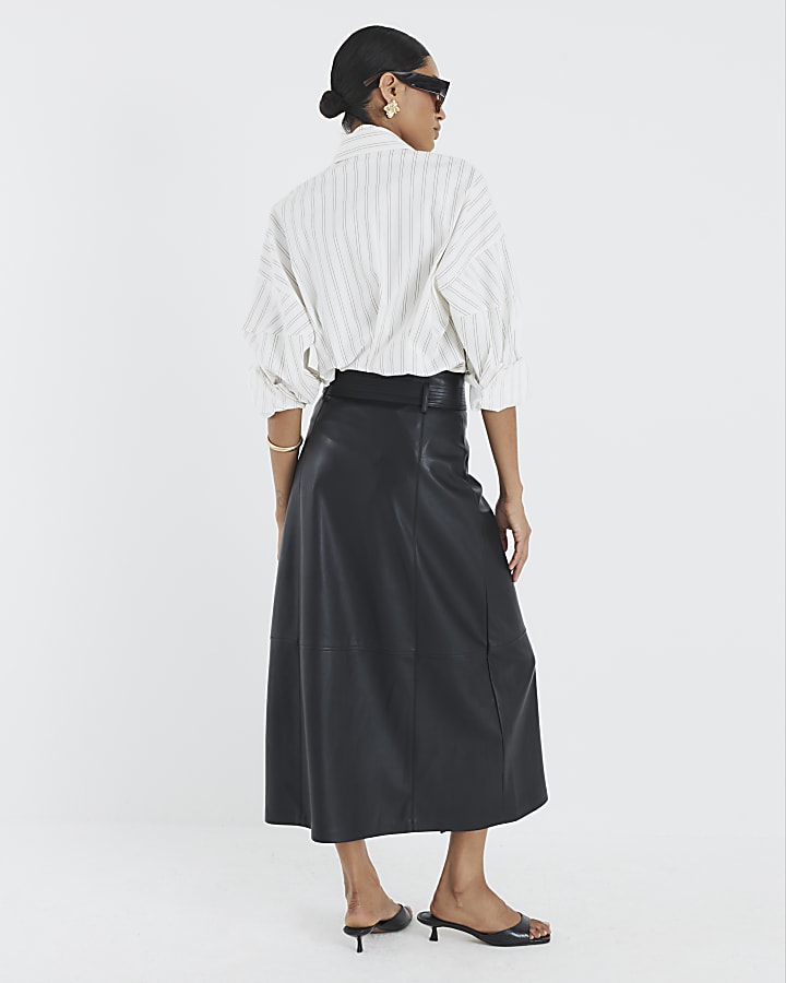 Black Faux Leather Belted Wrap Midi Skirt