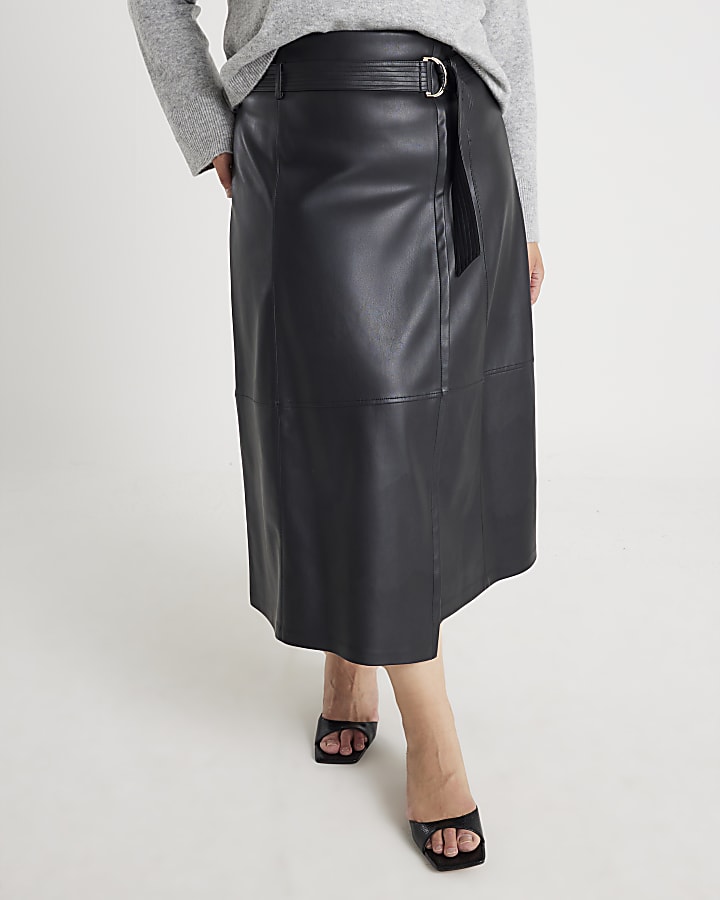 Black Faux Leather Belted Wrap Midi Skirt