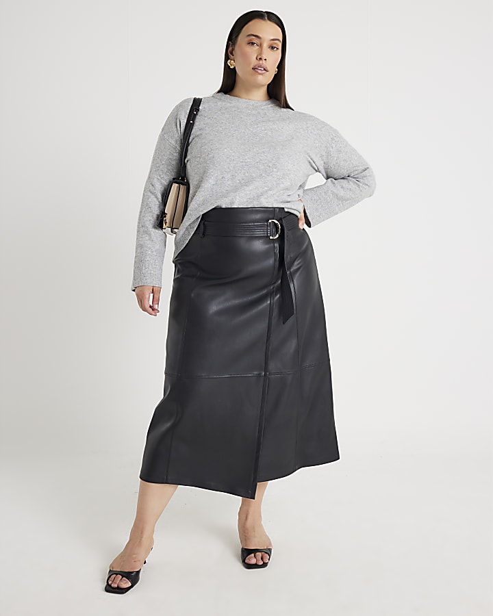 Black Faux Leather Belted Wrap Midi Skirt