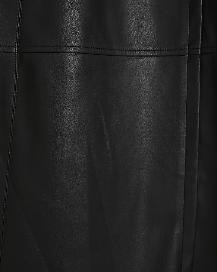Black Faux Leather Belted Wrap Midi Skirt