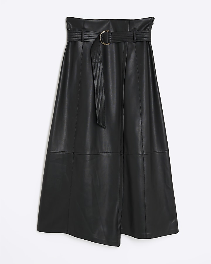 Black Faux Leather Belted Wrap Midi Skirt
