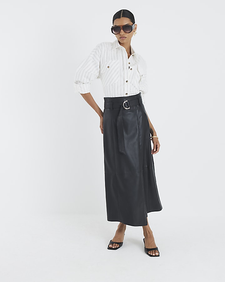Black Faux Leather Belted Wrap Midi Skirt