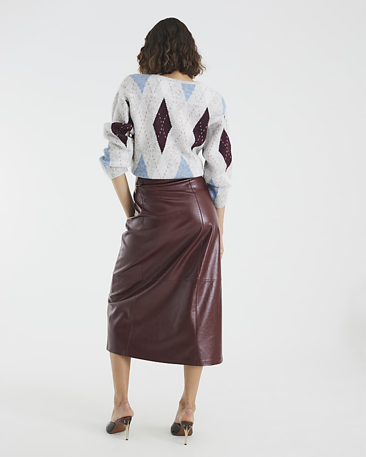 Red Faux Leather Belted Wrap Midi Skirt