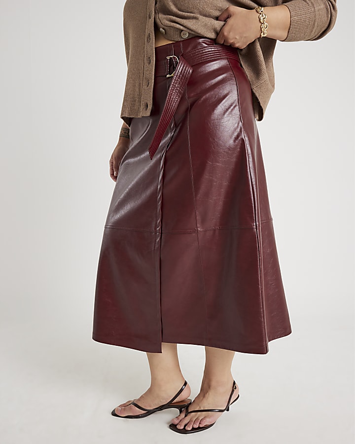 Red Faux Leather Belted Wrap Midi Skirt