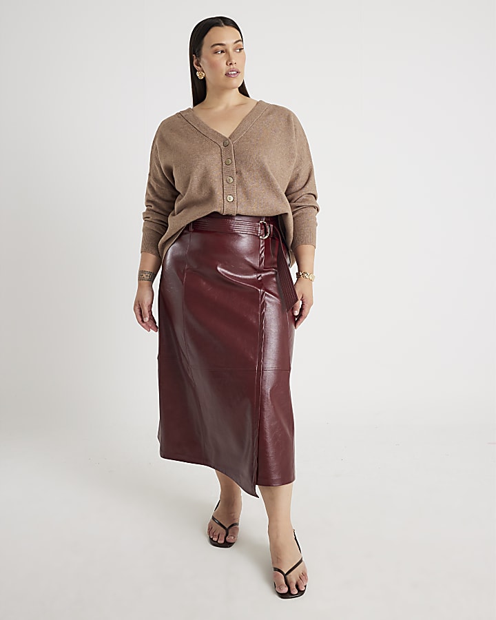 Red Faux Leather Belted Wrap Midi Skirt