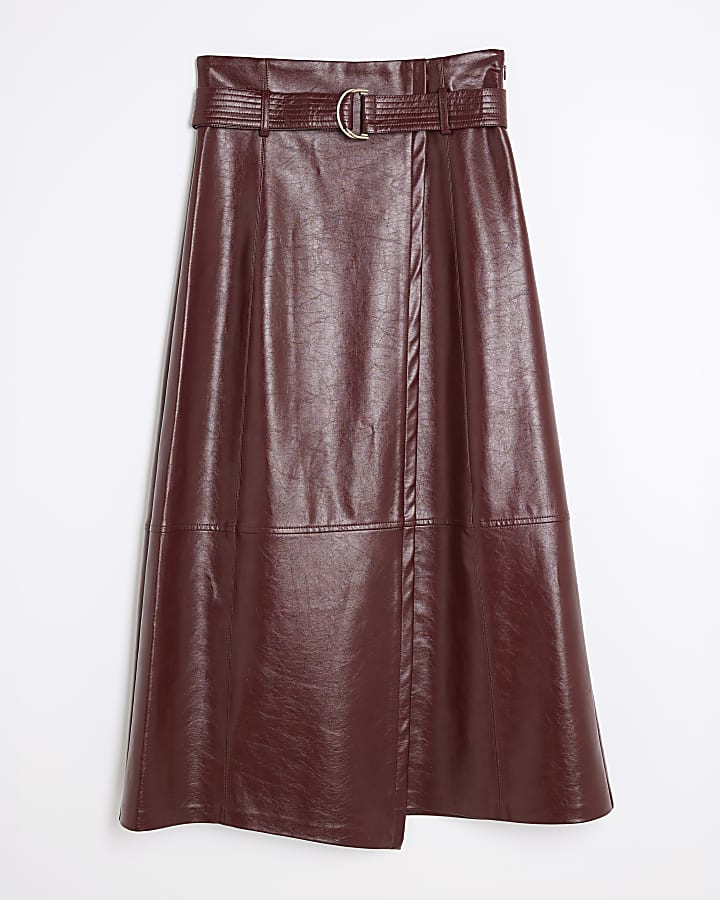 Red Faux Leather Belted Wrap Midi Skirt