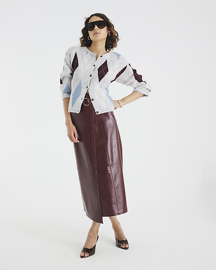 Red Faux Leather Belted Wrap Midi Skirt