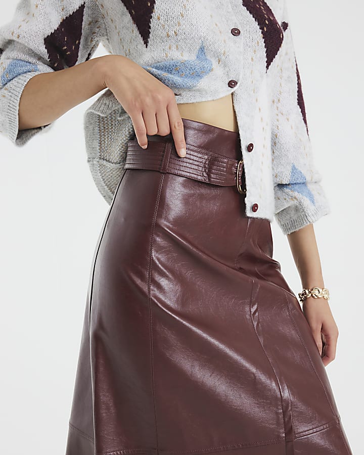 Red Faux Leather Belted Wrap Midi Skirt